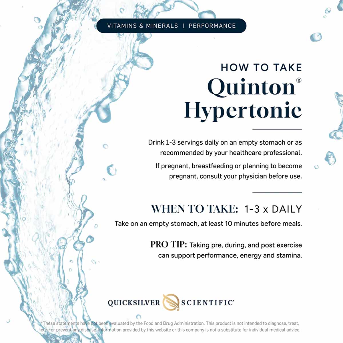 Instructional guide for Quinton Hypertonic supplement with water splash imagery and dosage information displayed on white bac