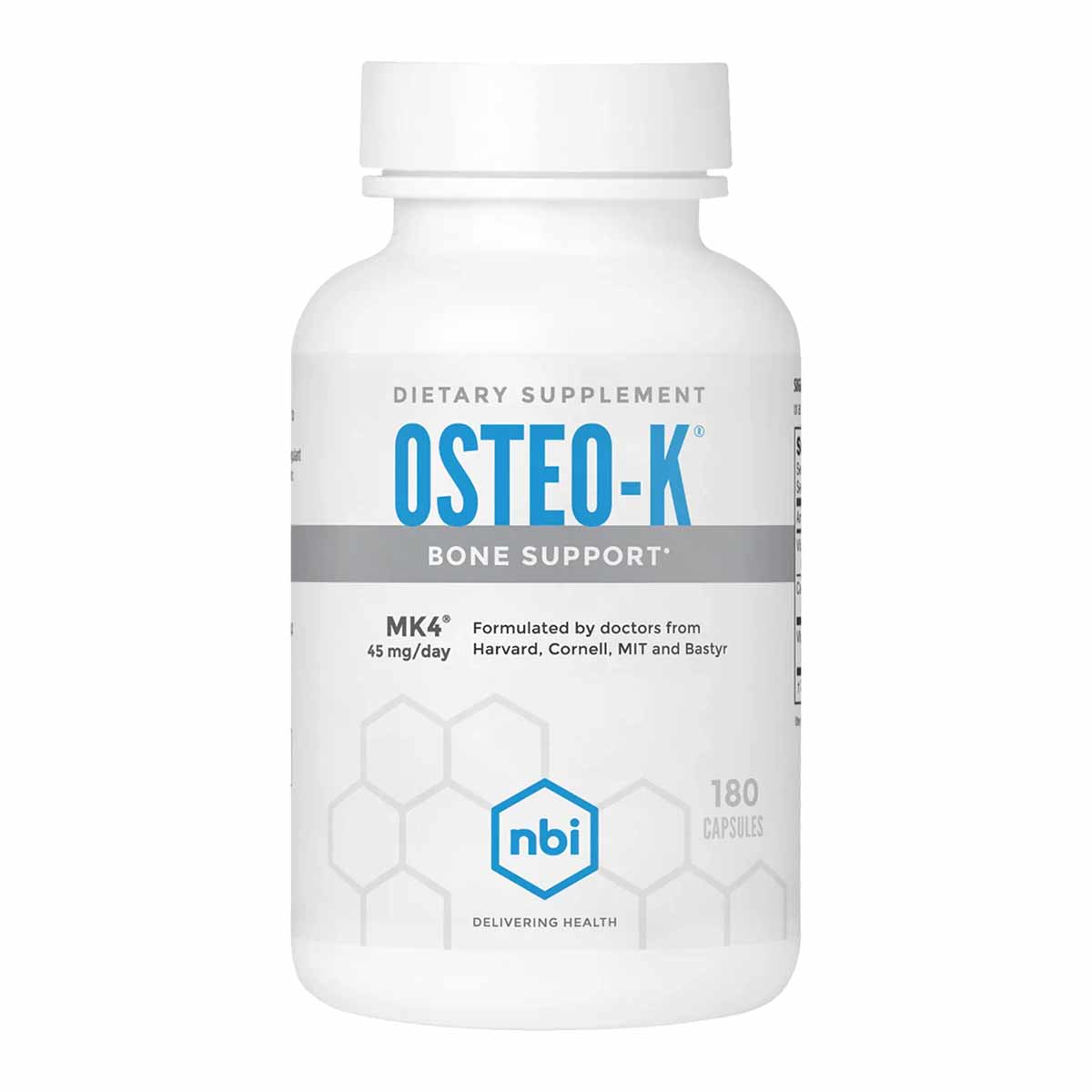 White bottle of Osteo-K dietary supplement with blue text label, 180 capsules, by NBI.
