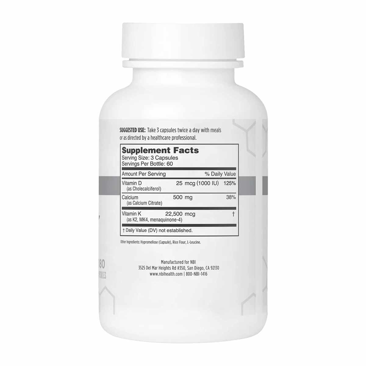 White supplement bottle with white cap displaying Osteo-K label and nutrition facts panel.