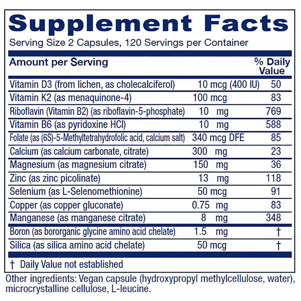 A Supplement Facts panel lists vitamins and minerals including calcium, magnesium, zinc and vitamin D3, for a serving of two capsules.