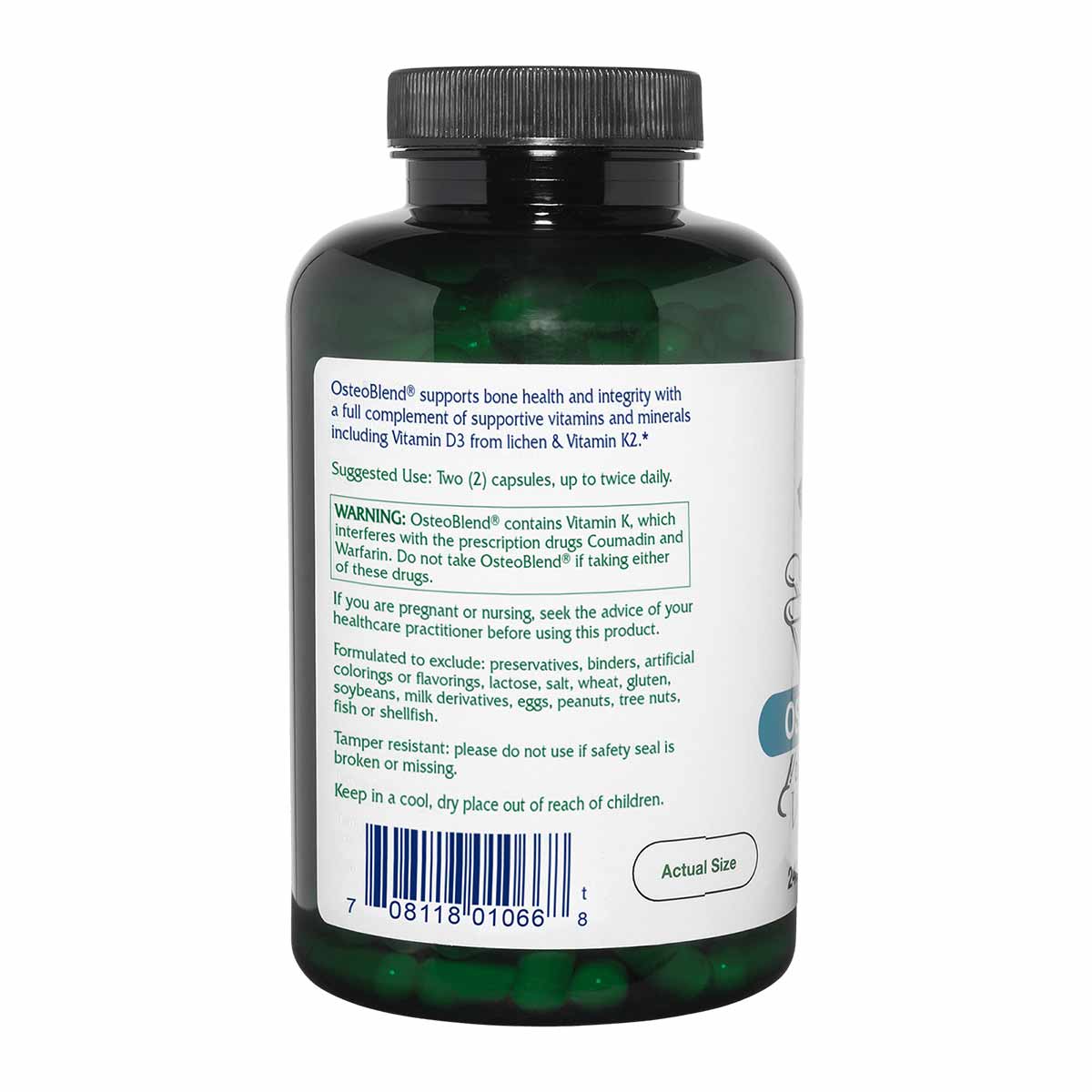 A dark green supplement bottle with a black cap shows a white side label with usage directions, warnings, and a barcode.