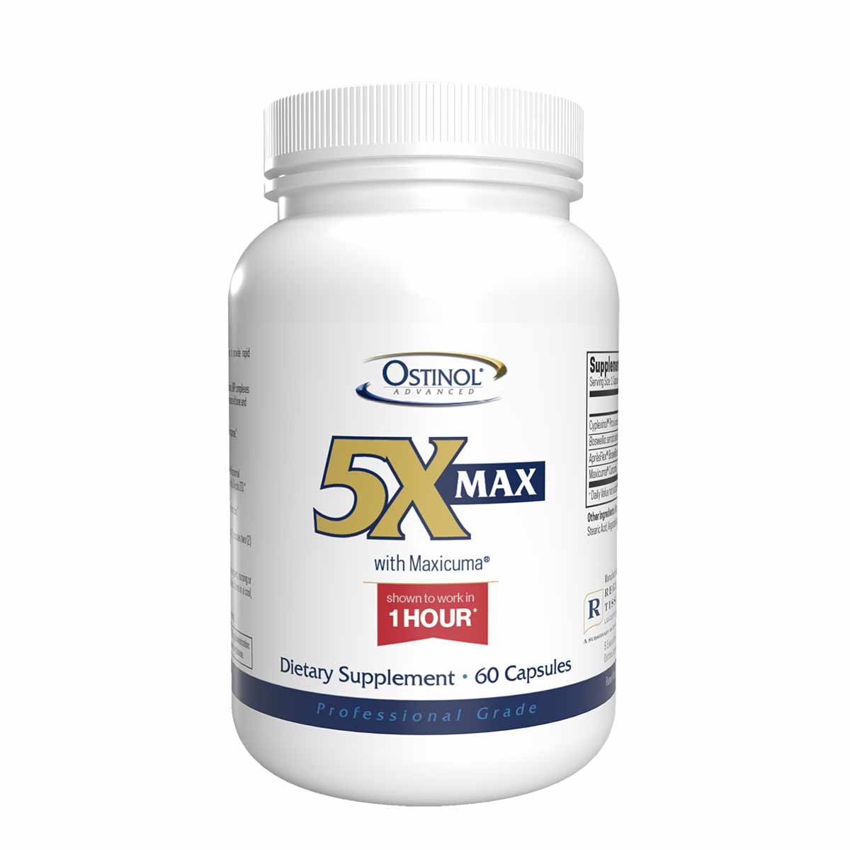 White bottle of Ostinol Advanced 5X with Maxicuma dietary supplement containing 60 capsules.