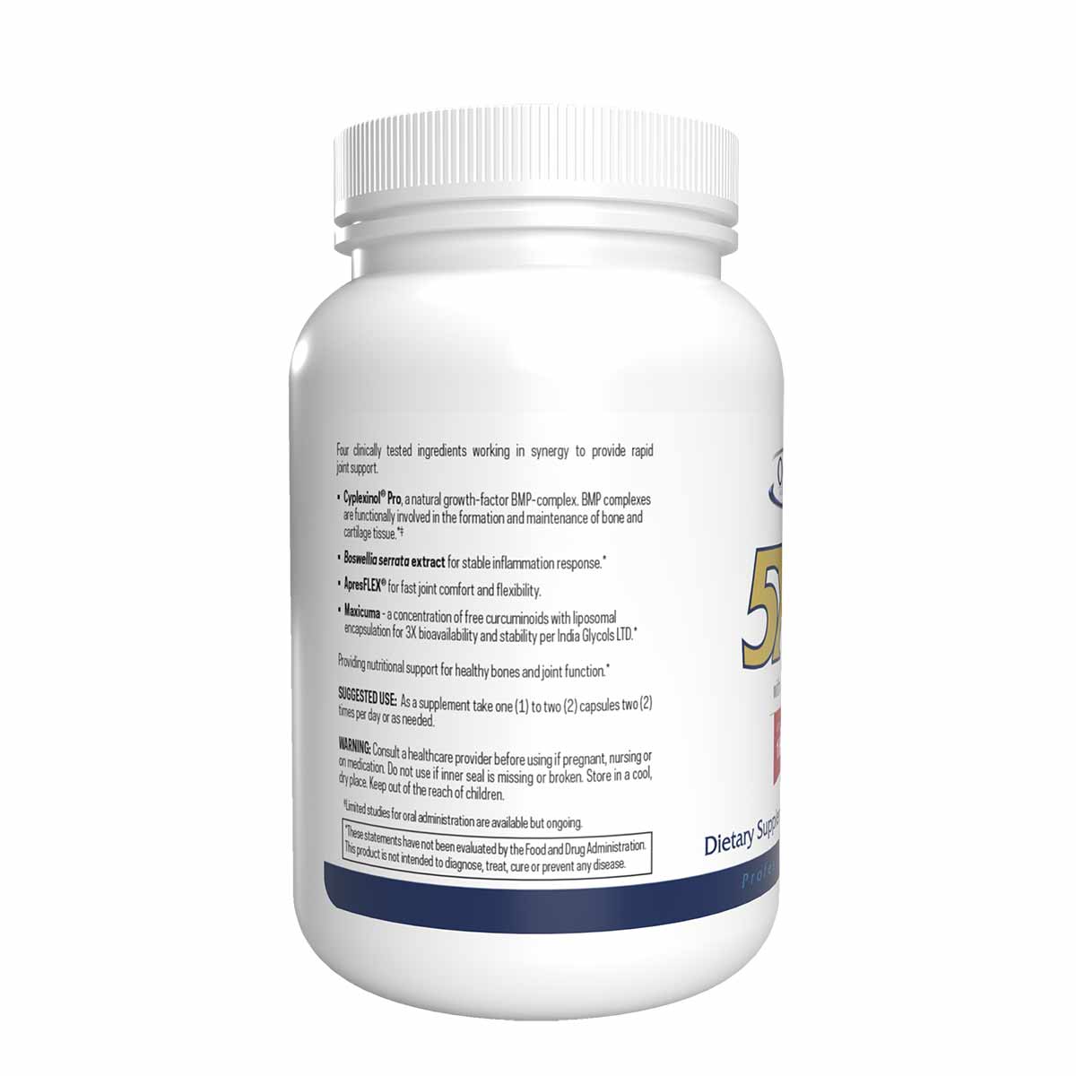 White cylindrical supplement bottle with ribbed cap and blue label band containing Ostinol Advanced 5X dietary supplement.
