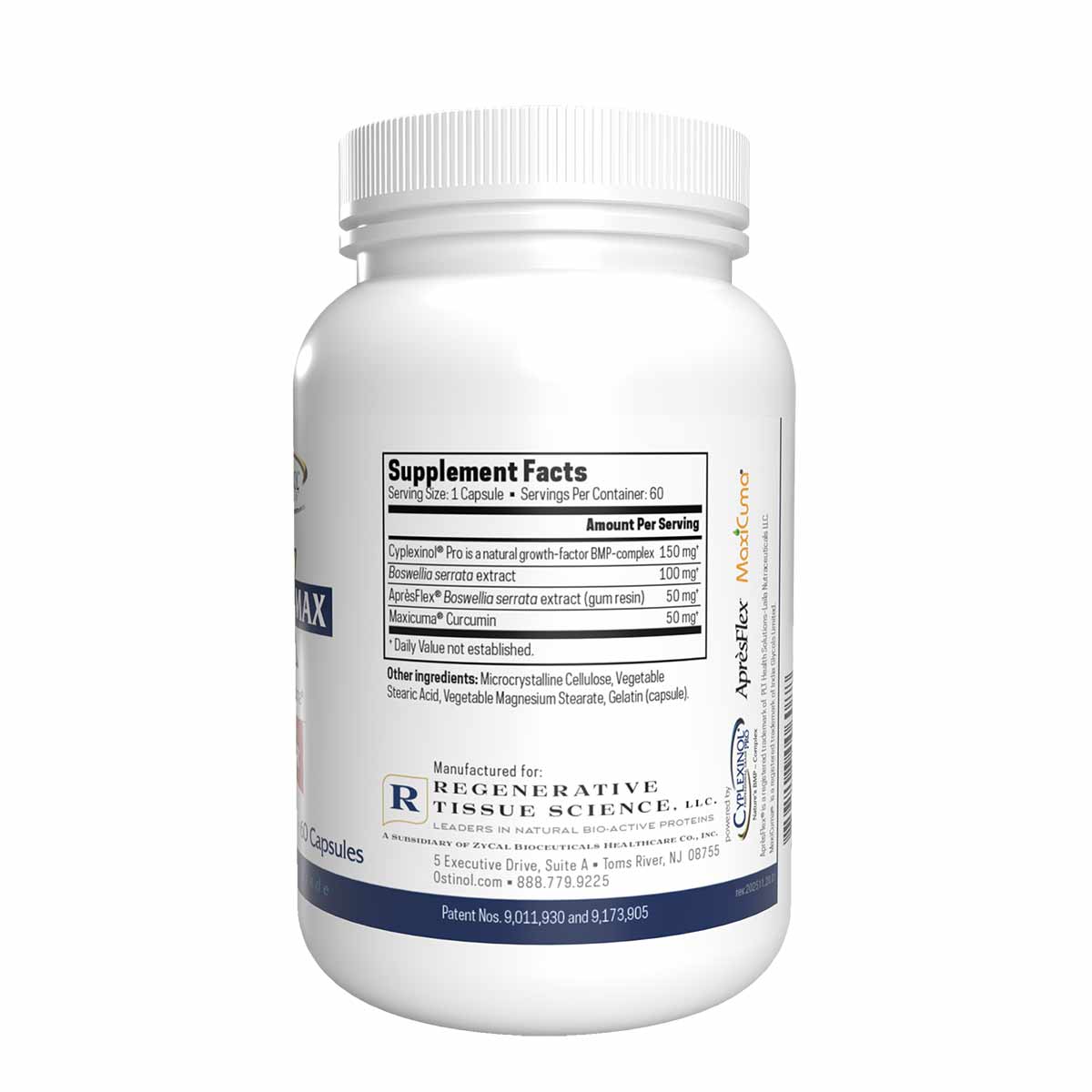 White supplement bottle with white screw cap containing 60 capsules, labeled with Supplement Facts panel and manufacturer inf