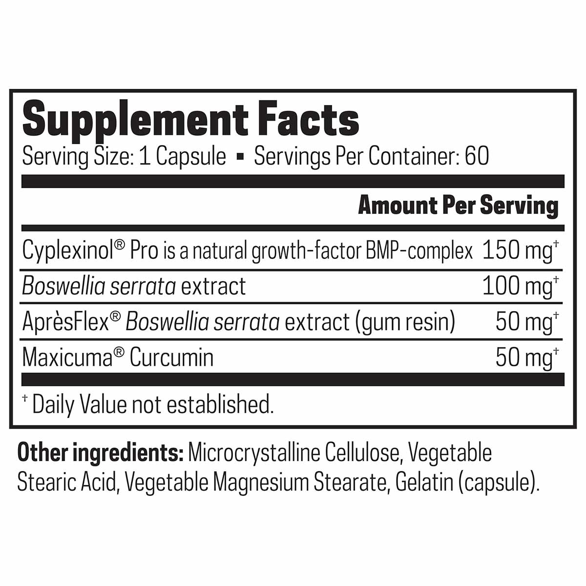Supplement Facts label showing serving size of 1 capsule, 60 servings per container, with ingredients including Cyplexinol Pr