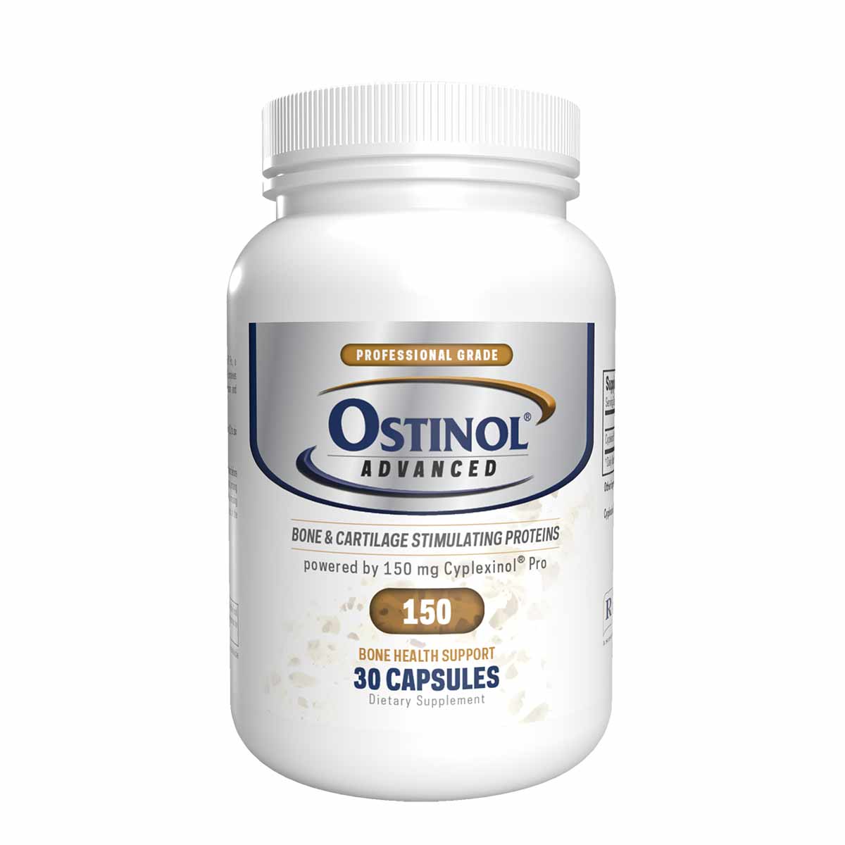 White bottle of Ostinol Advanced 150 dietary supplement with white screw-top lid, labeled with product name and "30 Capsules.
