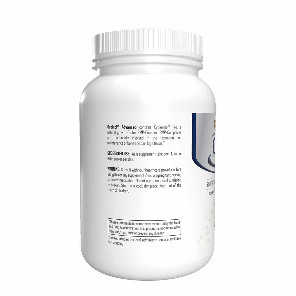 White bottle of Ostinol Advanced 150 capsules with white ribbed cap and product information label on front.