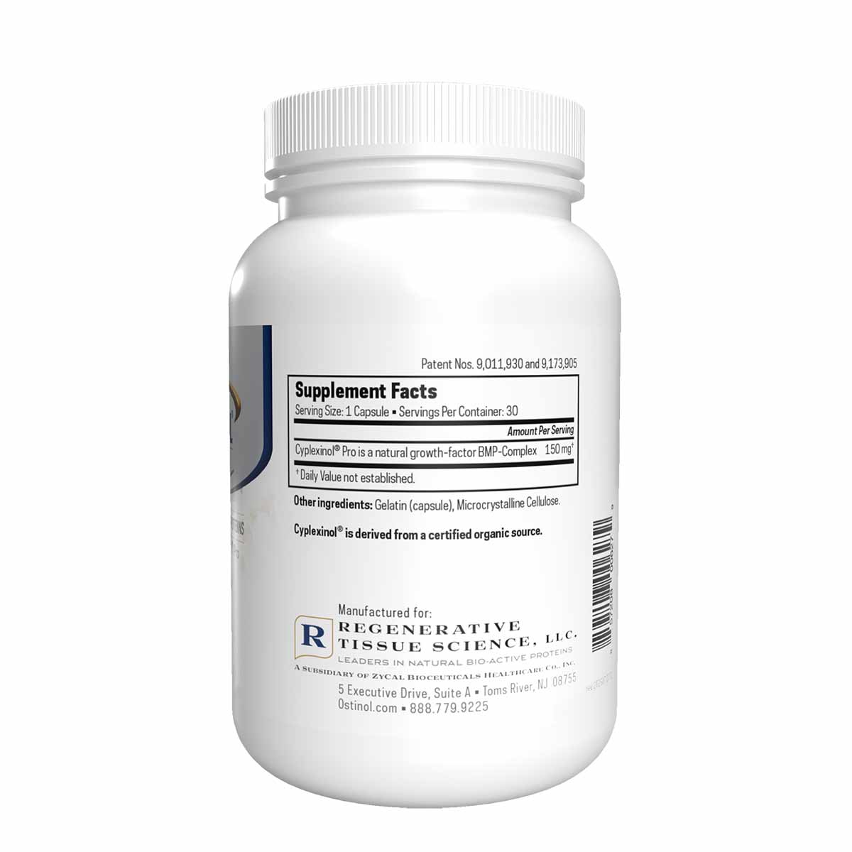 White bottle of Ostinol Advanced 150 capsules with white ribbed cap and printed supplement facts label.