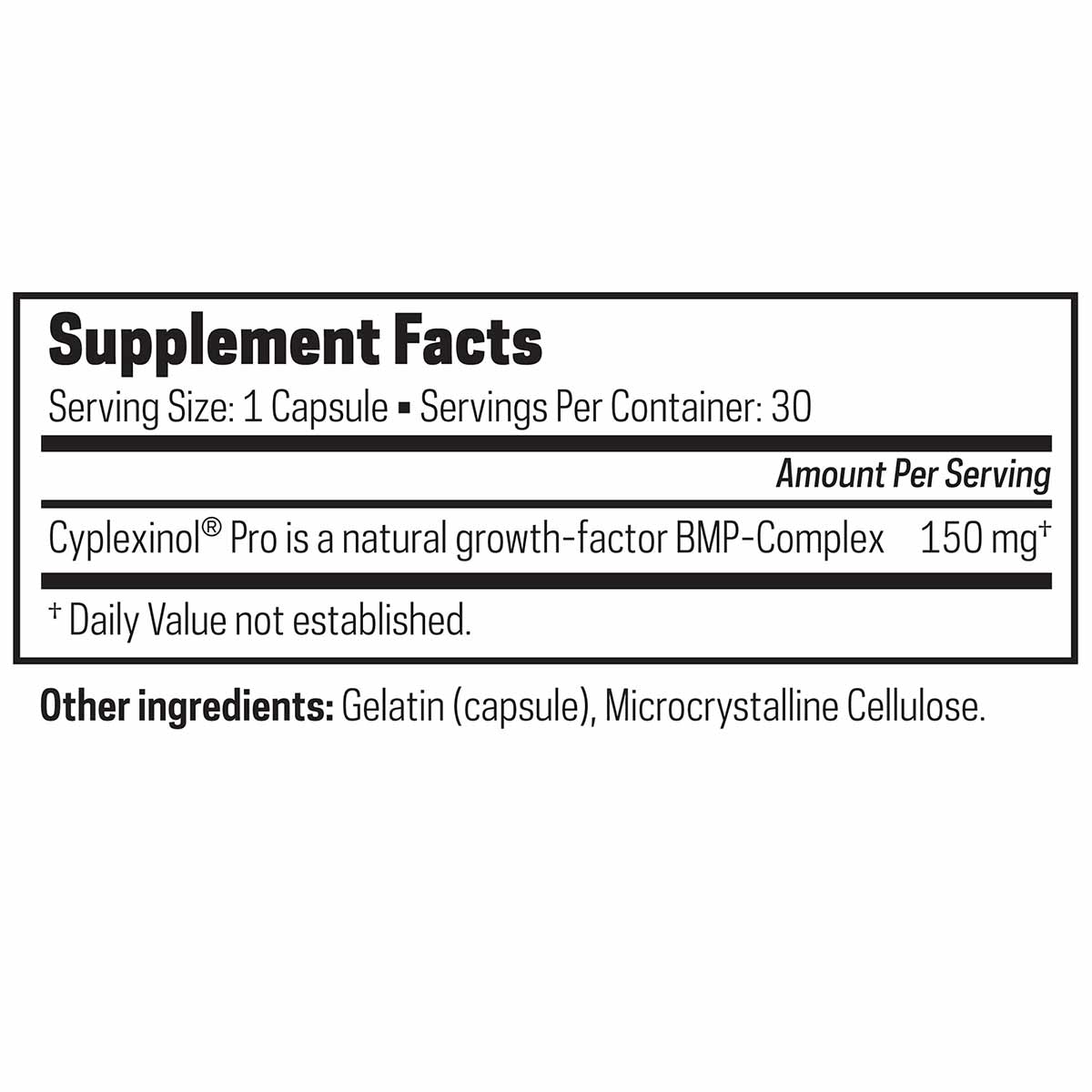 Supplement Facts label showing Ostinol Advanced 150 with 30 capsules, 150 mg Cyplexinol Pro per serving.
