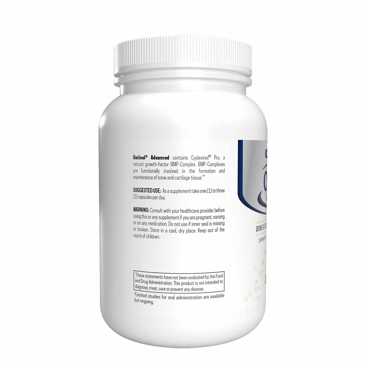 White plastic bottle with white ribbed cap containing Ostinol Advanced 300 capsules, labeled with product information and usa