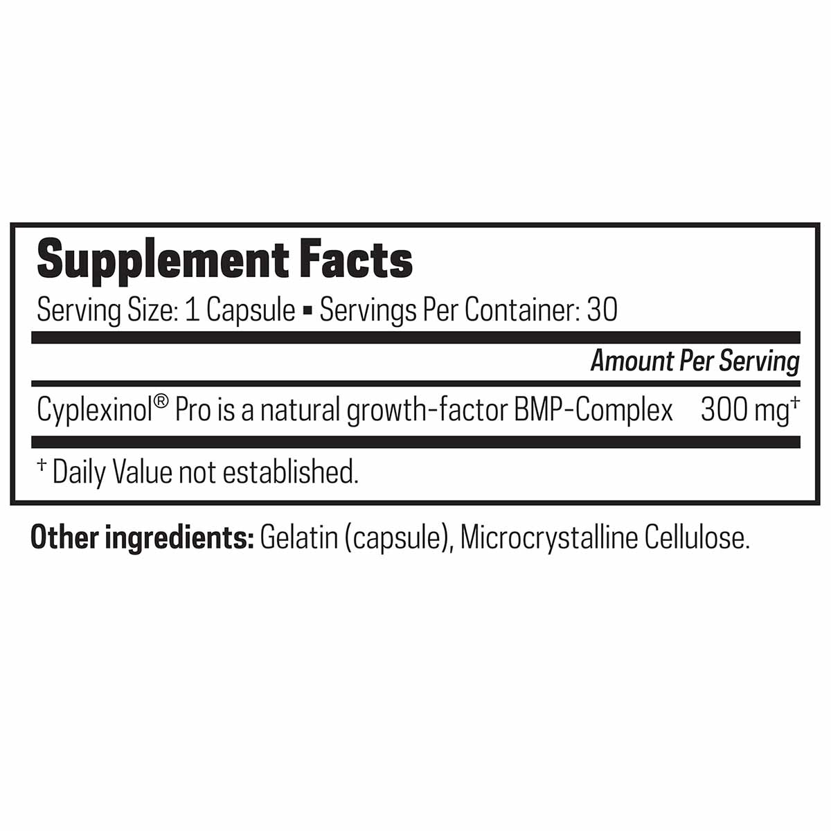 Supplement Facts label showing 30 capsules per container with 300 mg Cyplexinol Pro per serving and gelatin capsule ingredien