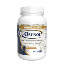 White bottle of Ostinol Maximum Strength 500mg dietary supplement with 60 capsules, labeled for bone and cartilage support.
