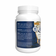 White plastic supplement bottle with white ribbed cap and blue label containing product information and usage instructions.