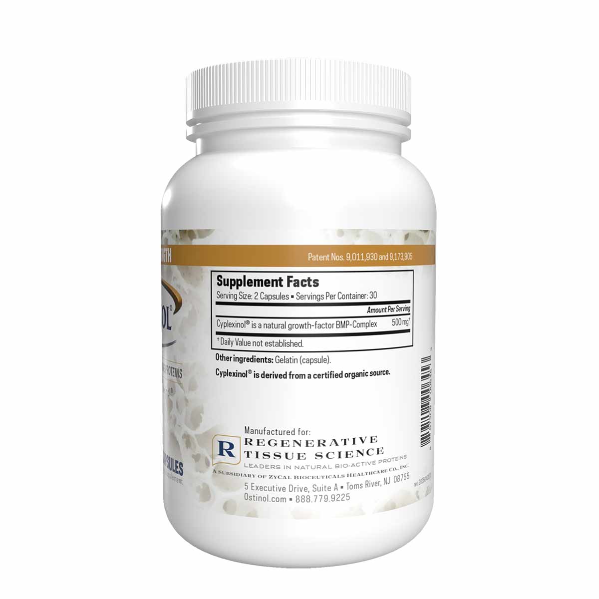 White bottle with white ribbed cap containing Ostinol Maximum Strength 500 capsules, labeled with supplement facts and manufa