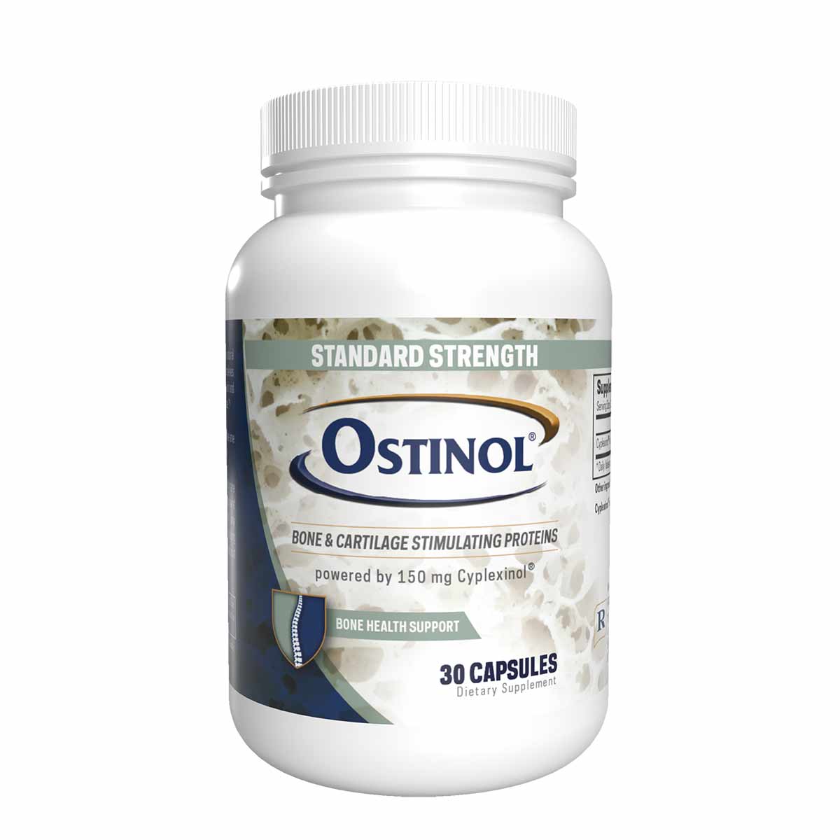 White bottle of Ostinol Standard Strength containing 30 capsules with blue and teal label.