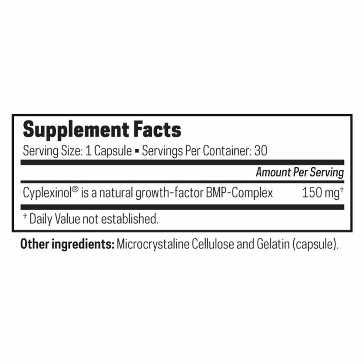 Supplement Facts label for Ostinol Standard 150 showing 30 capsules with 150mg Cyplexinol per serving.