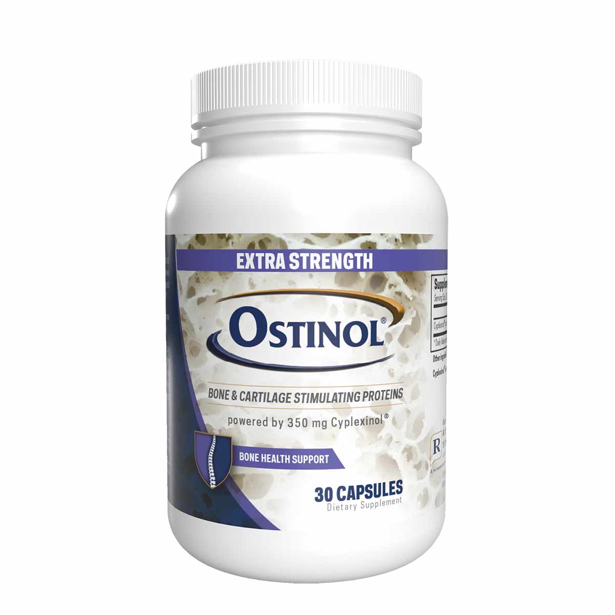 White bottle of Ostinol Extra Strength with blue and purple label, containing 30 capsules.