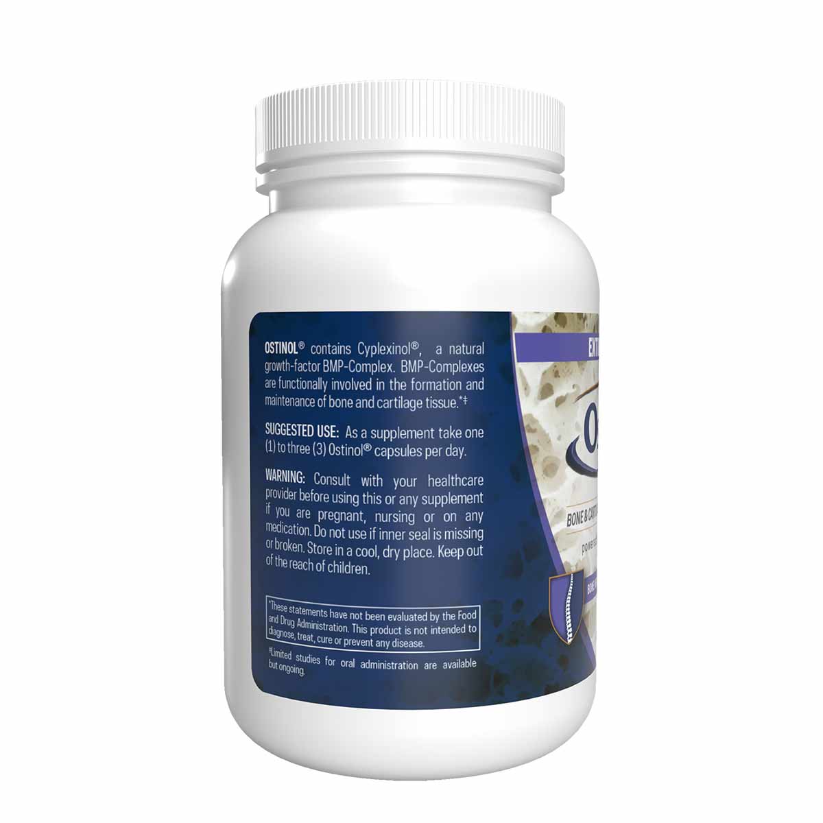 White plastic bottle with white ribbed cap and blue label containing Ostinol Standard 350 capsules supplement.