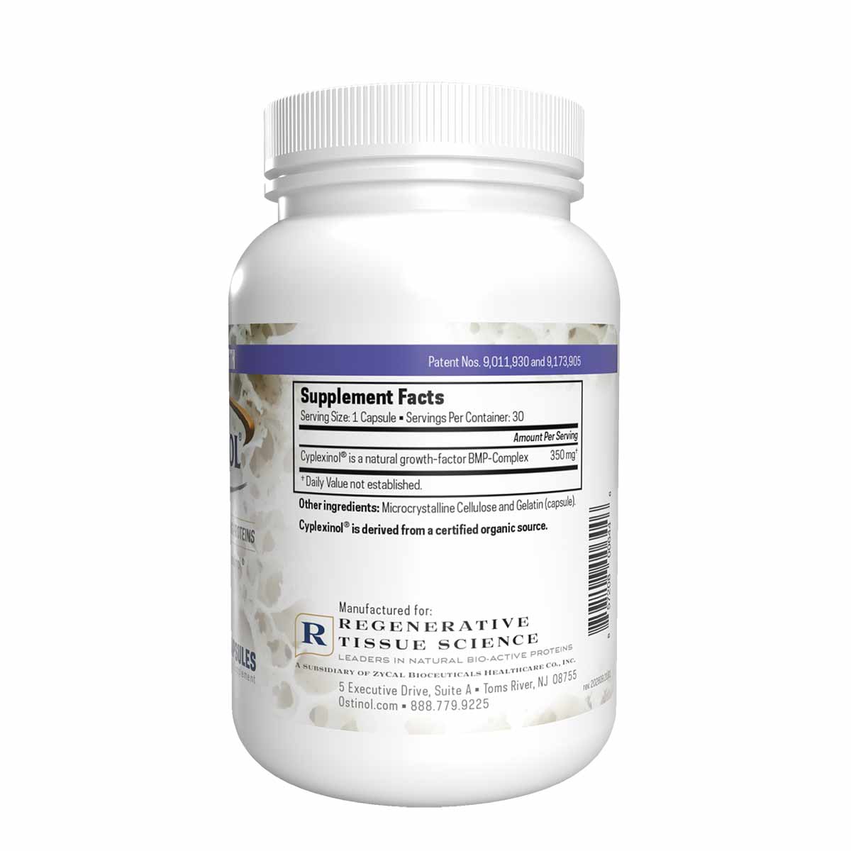 White supplement bottle with blue band containing 30 capsules of Ostinol Standard 350 by ZyCal Bioceuticals.