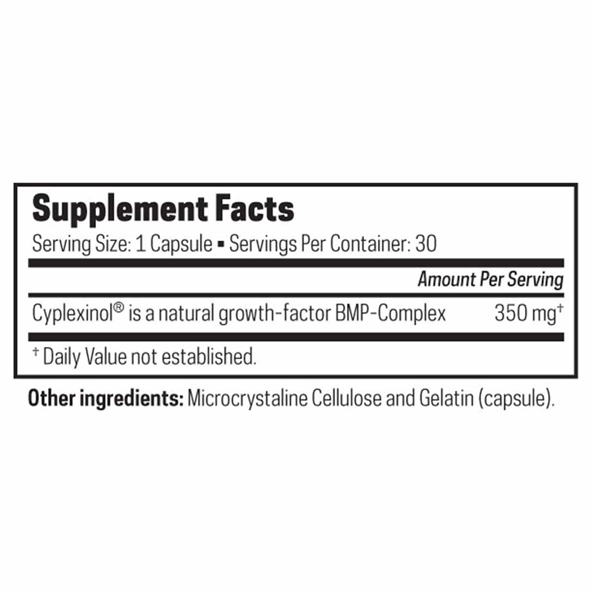 Supplement Facts label showing serving size of 1 capsule, 30 servings per container, with 350 mg Cyplexinol per serving.