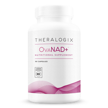 White supplement bottle labeled Theralogix OvaNAD+ nutritional supplement containing 90 capsules with NSF certification mark.