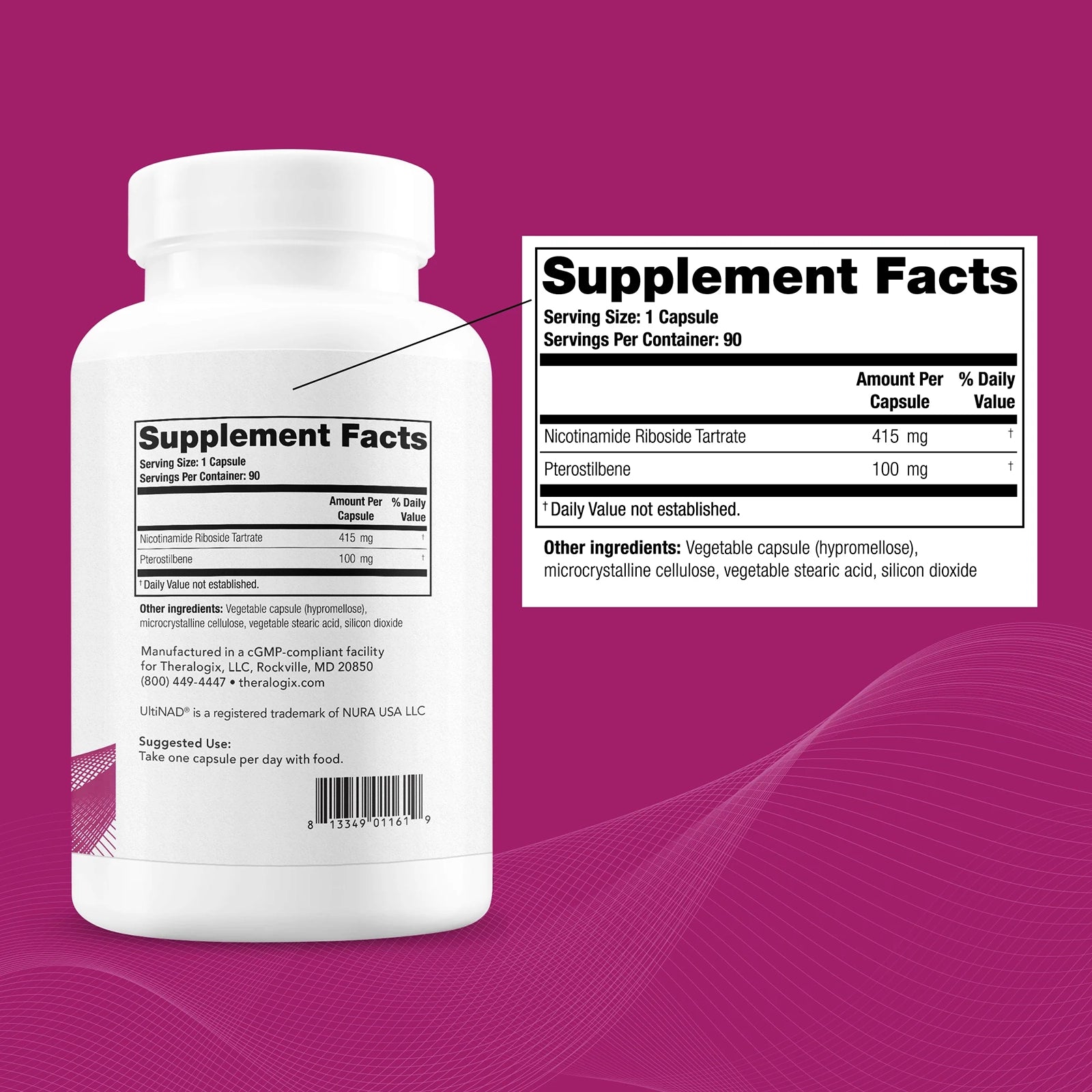 White cylindrical supplement bottle with white cap and supplement facts label showing nicotinamide riboside tartrate and pter