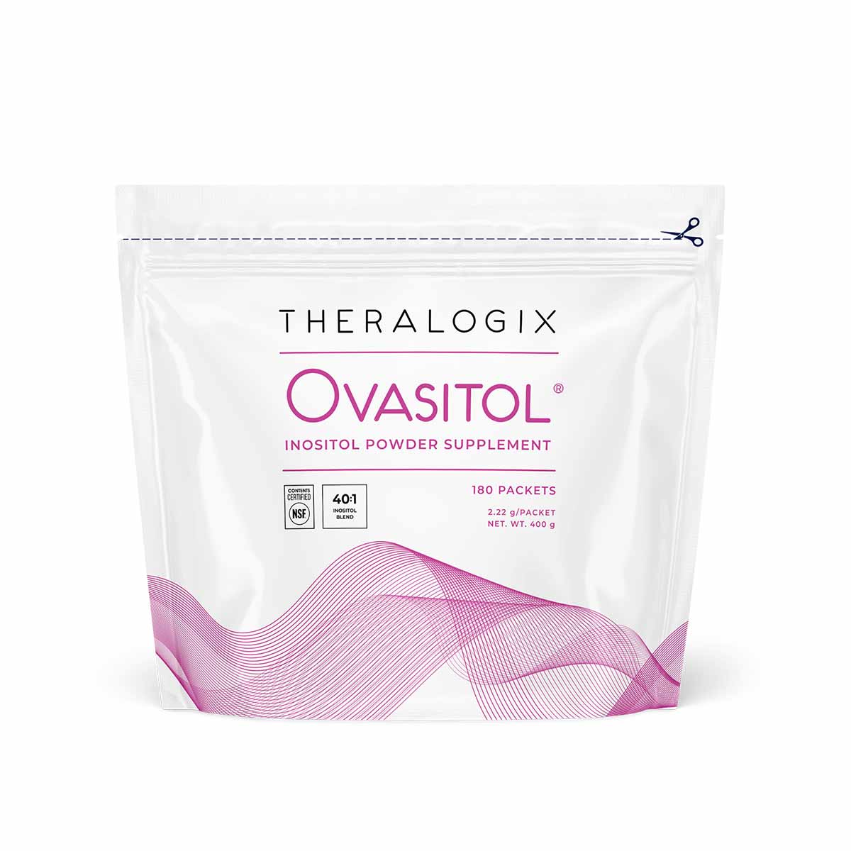 White pouch of Theralogix Ovasitol inositol powder supplement with pink wavy design, 180 packets labeled.