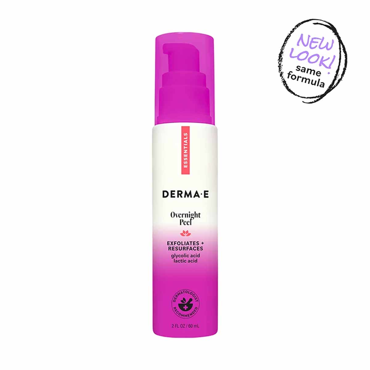 Derma E Overnight Peel in a 2 oz pump bottle with magenta cap and white label.