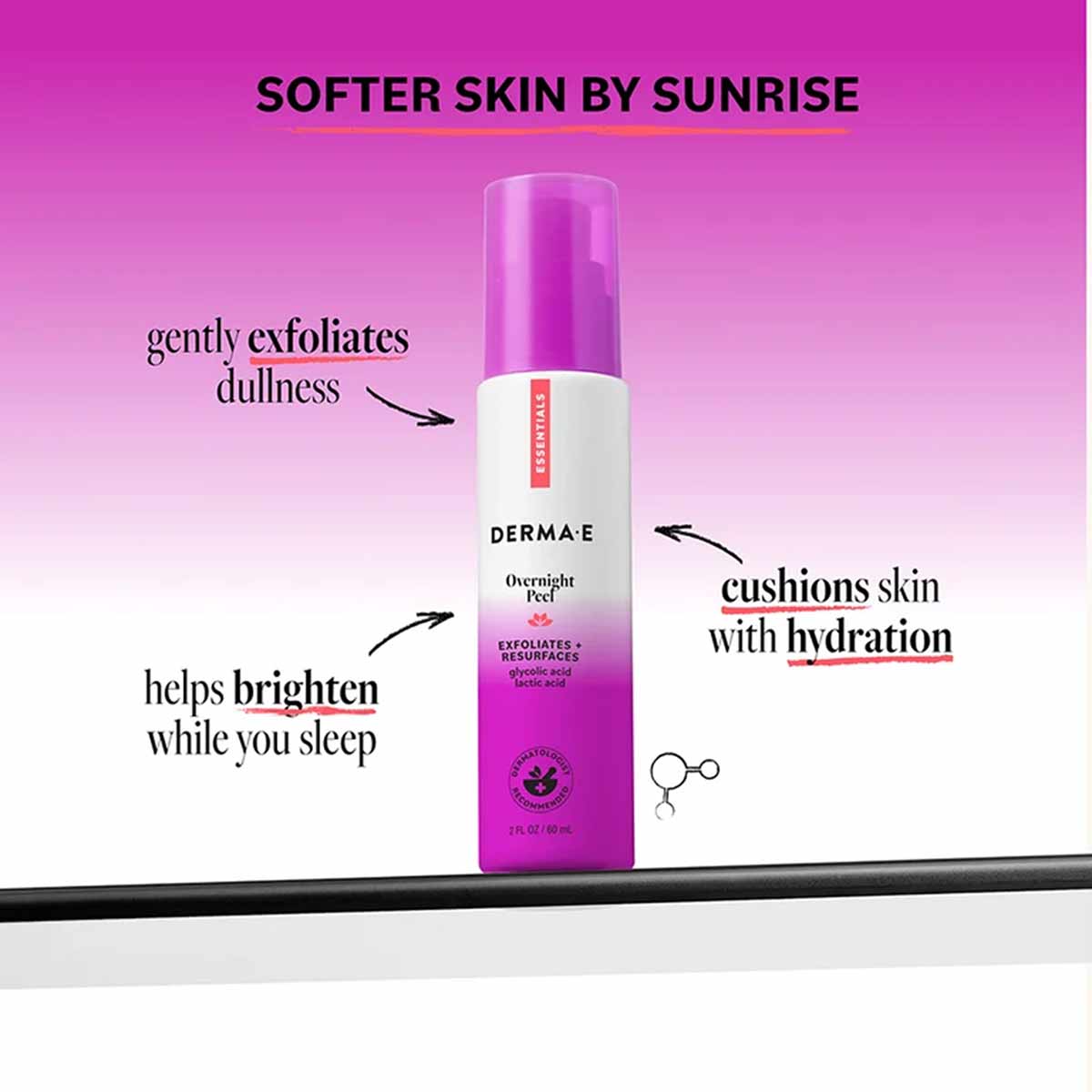 Derma E Overnight Peel bottle with magenta cap and white label on pink background with product benefit callouts.