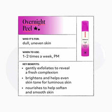 Derma E Overnight Peel 2 oz bottle with magenta pump spray top next to product information card.