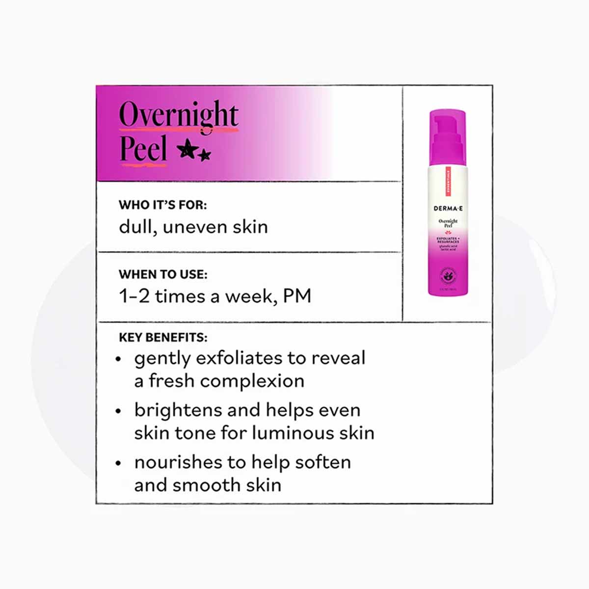 Derma E Overnight Peel 2 oz bottle with magenta pump spray top next to product information card.