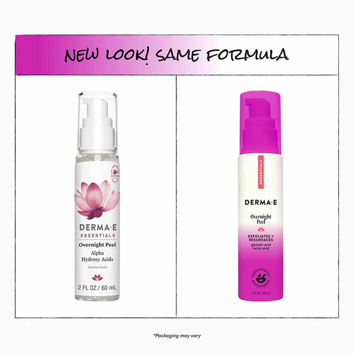 Derma E Overnight Peel 2 oz bottle with pump dispenser and magenta cap shown in current and new packaging versions.