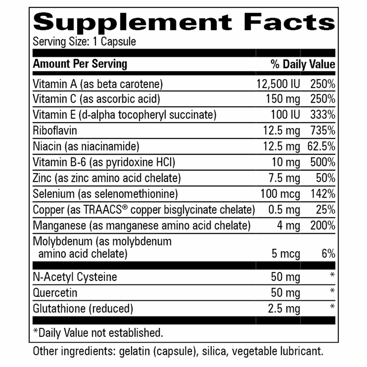 Supplement Facts label for Oxy-Pro capsule listing vitamins, minerals, and antioxidants per serving.