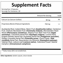 Supplement Facts label for Padma Basic showing serving size of 2 capsules, 30 servings per container, with calcium and propri