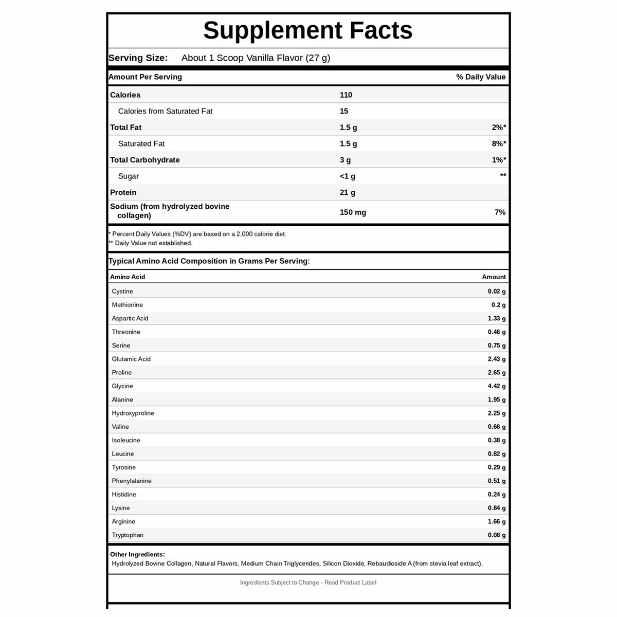 Supplement Facts label for Paleo Protein vanilla flavor showing nutritional information, amino acid composition, and ingredie