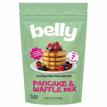 A green stand-up pouch of Belly gluten free pancake and waffle mix shows a berry-topped pancake stack on its front.