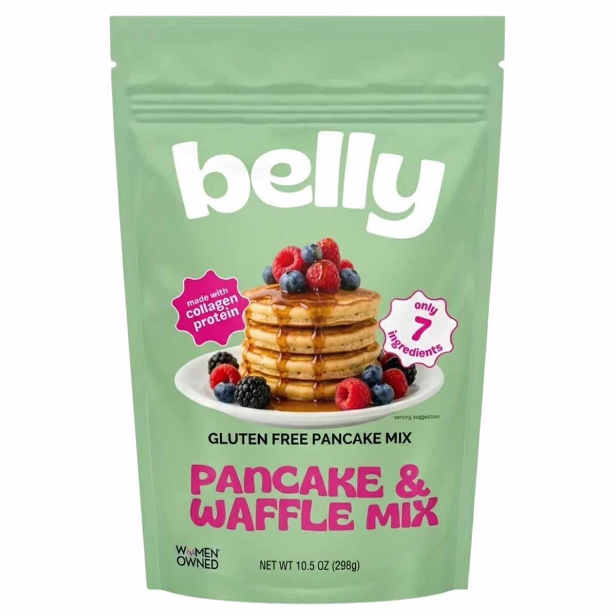 A green stand-up pouch of Belly gluten free pancake and waffle mix shows a berry-topped pancake stack on its front.