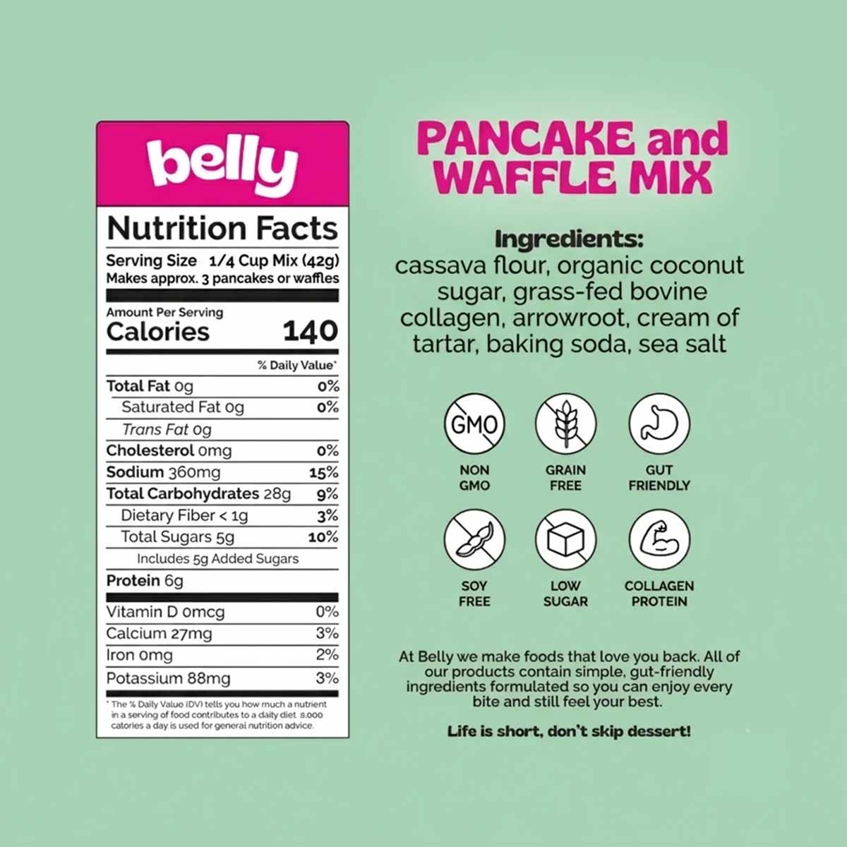 Nutrition facts label and ingredient list for Belly pancake and waffle mix on a green background, with six icons for dietary claims.