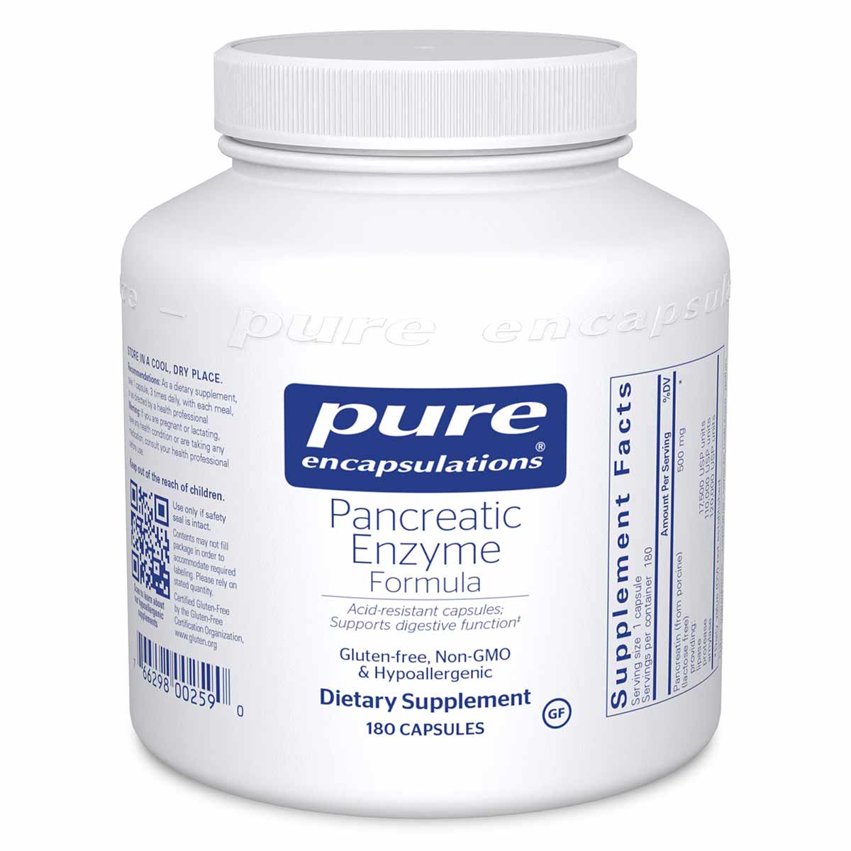 White plastic supplement bottle with white screw cap labeled "Pure Encapsulations Pancreatic Enzyme Formula, 180 Capsules."