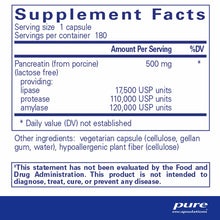 Supplement Facts label for Pure Encapsulations Pancreatic Enzyme Formula showing serving size, ingredients, and nutritional i