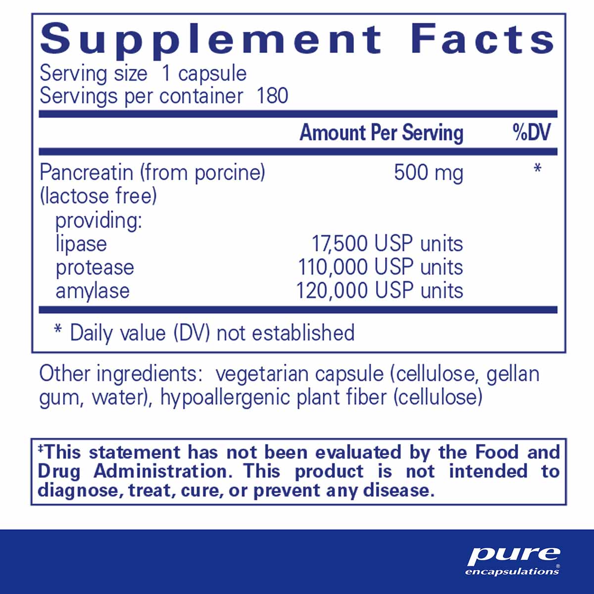 Supplement Facts label for Pure Encapsulations Pancreatic Enzyme Formula showing serving size, ingredients, and nutritional i