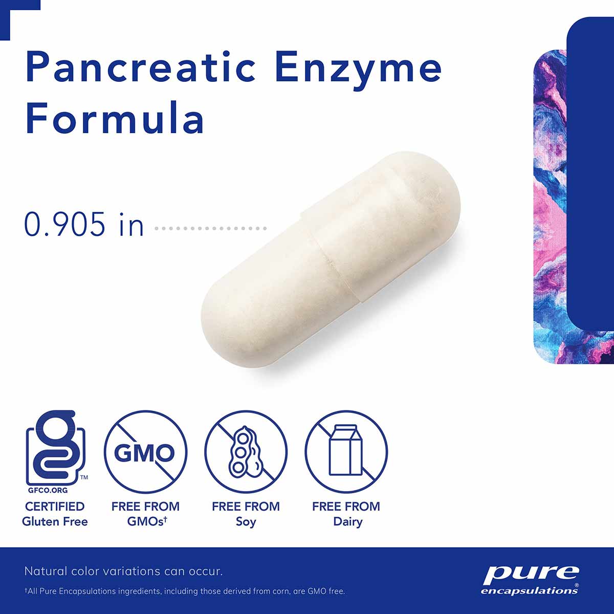 White capsule supplement pill labeled Pancreatic Enzyme Formula, 0.905 inches, with gluten-free and GMO-free certifications.