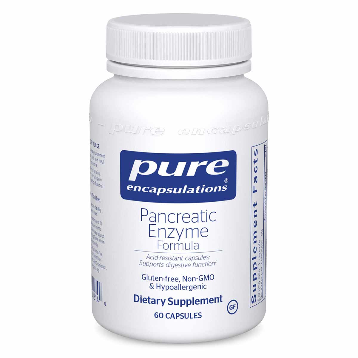 White bottle of Pure Encapsulations Pancreatic Enzyme Formula dietary supplement containing 60 capsules.