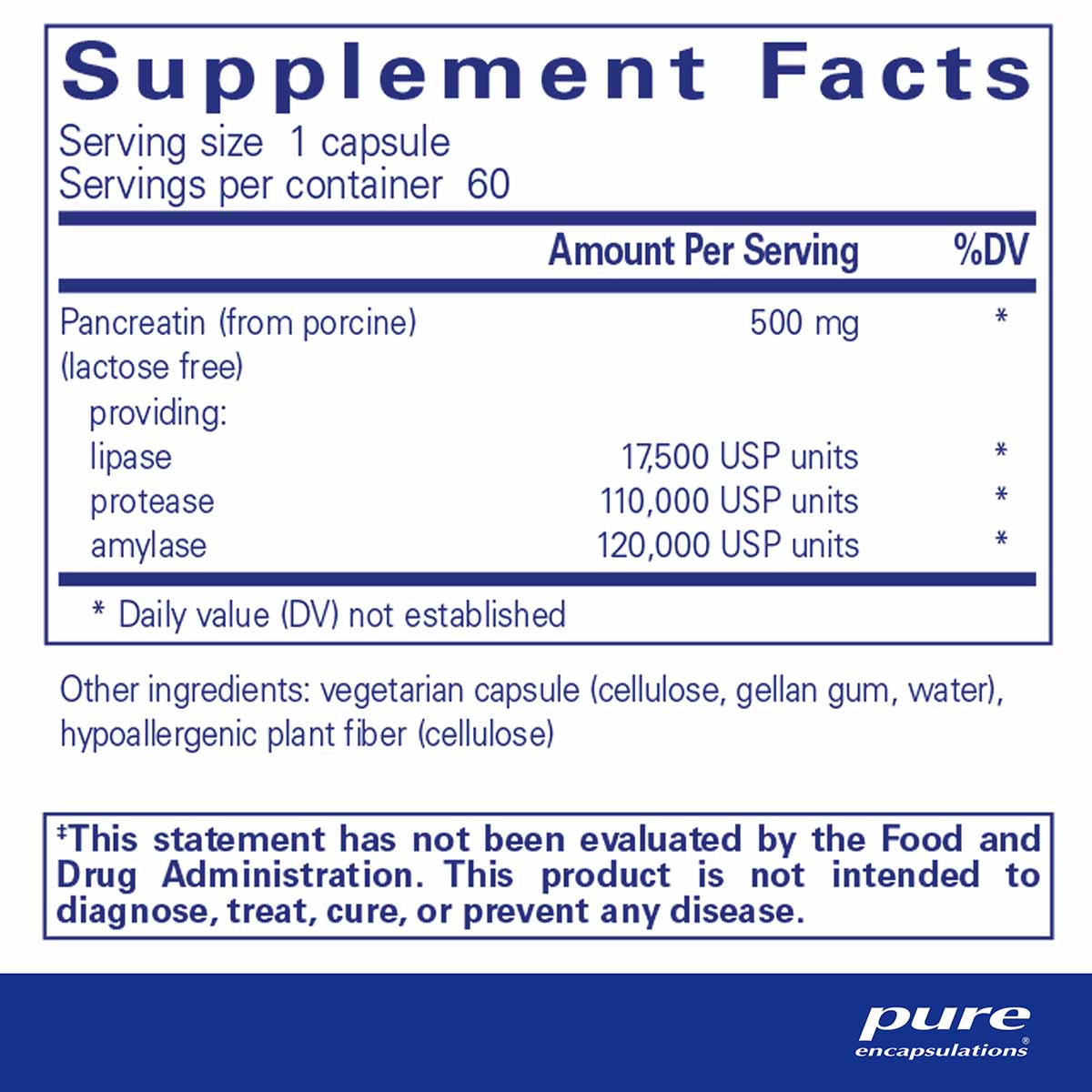 Supplement Facts label for Pure Encapsulations Pancreatic Enzyme Formula showing serving size, ingredients, and enzyme units 