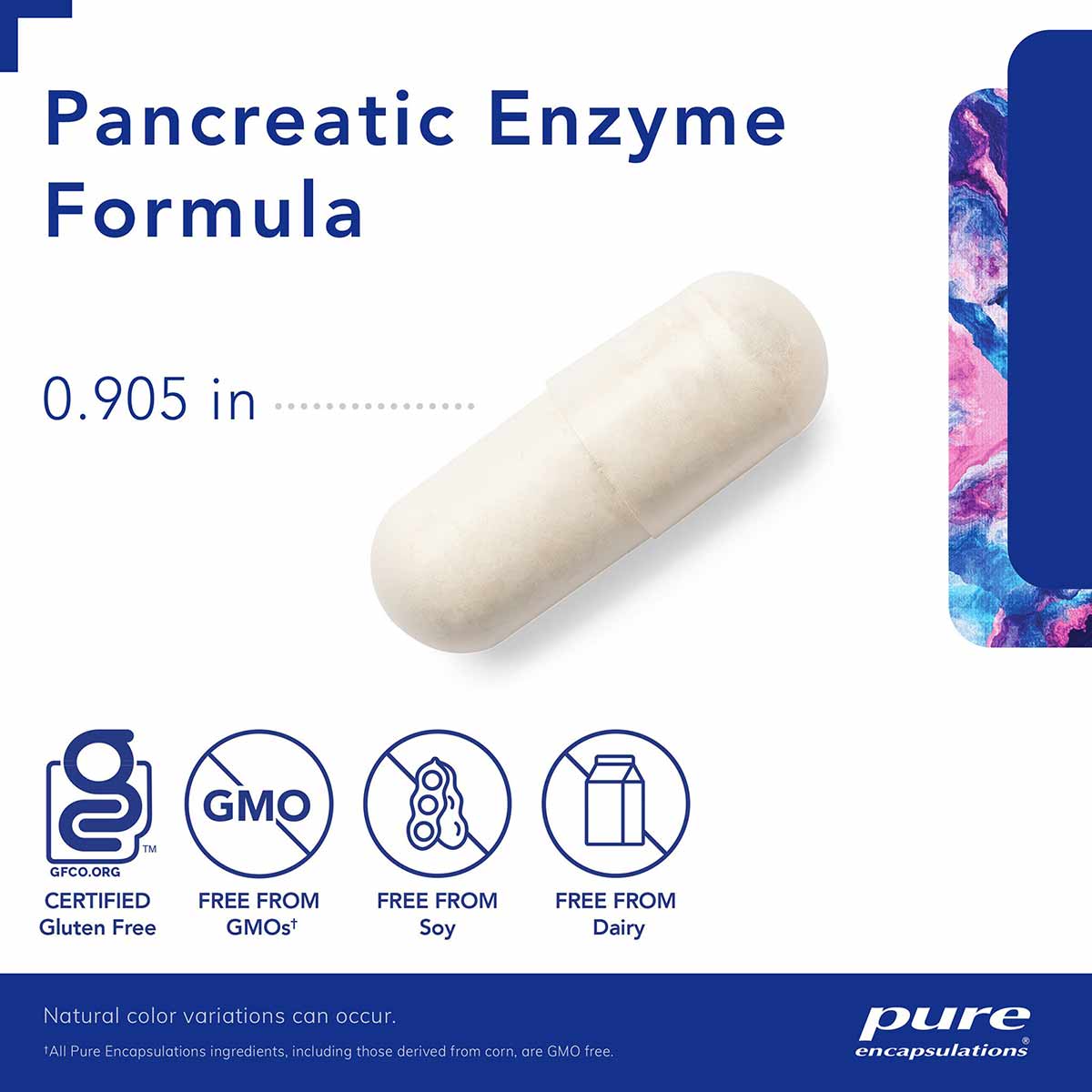 White capsule supplement labeled Pancreatic Enzyme Formula by Pure Encapsulations, 0.905 inches, certified gluten-free and fr