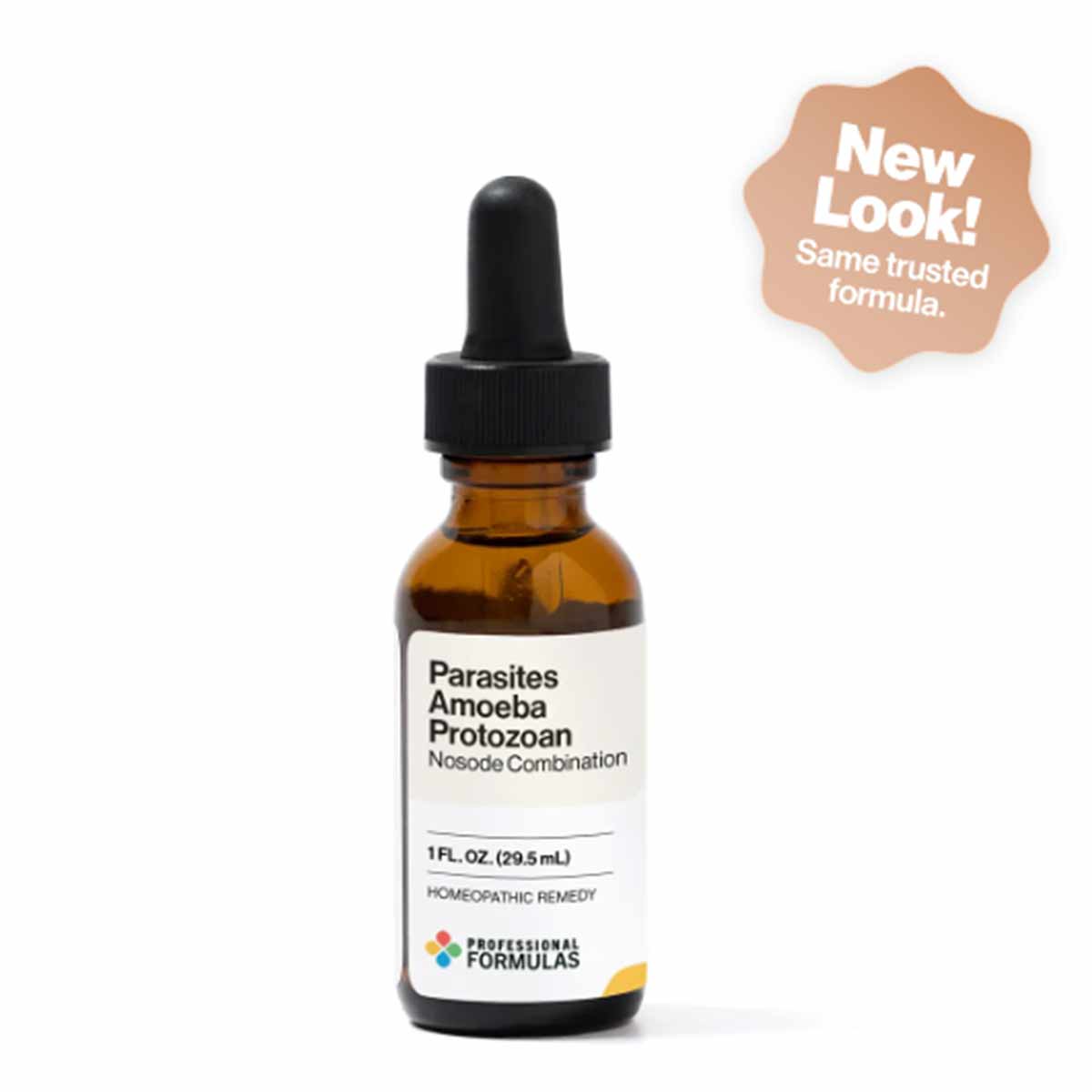 Amber glass dropper bottle containing Parasites Amoeba Protozoan Nosode Combination homeopathic remedy, 1 fl oz.