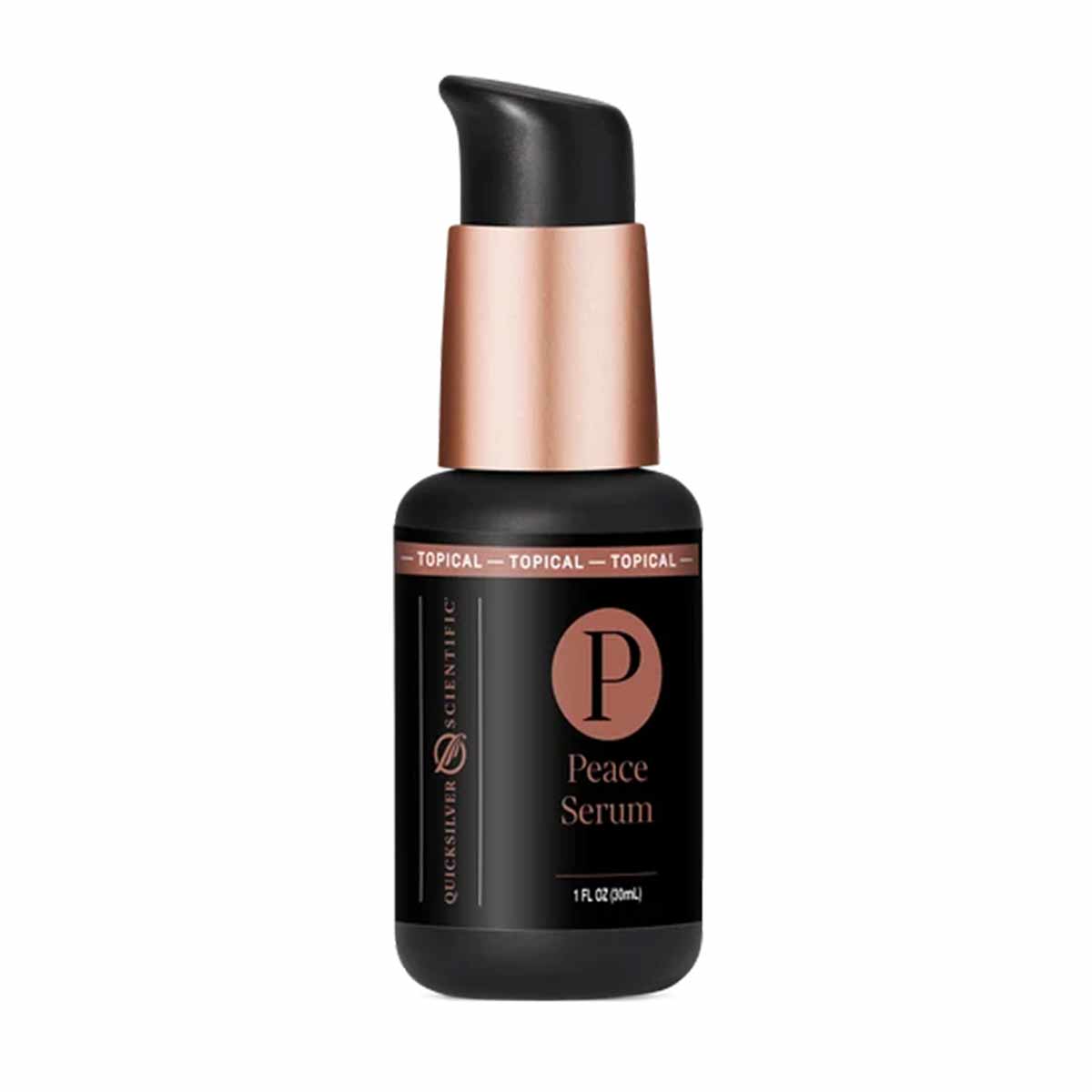 Black bottle with rose gold pump dispenser labeled "Peace Serum" by Quicksilver Scientific, 1 fl oz.
