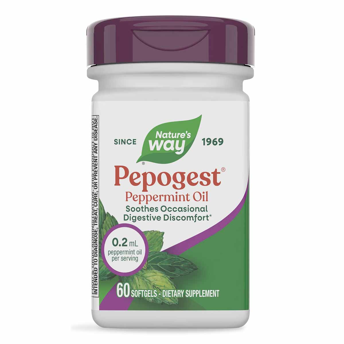 Nature's Way Pepogest peppermint oil bottle with purple cap and green label showing 60 softgels.
