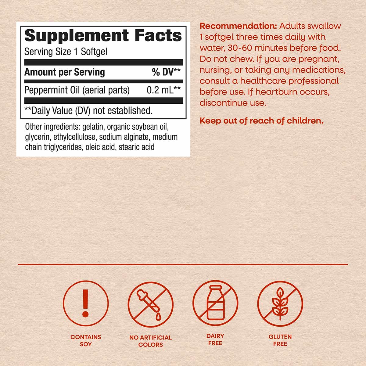 Supplement facts label for peppermint oil softgels showing serving size, ingredients, usage instructions, and allergen icons.