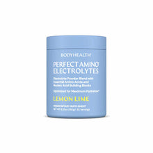 Blue cylindrical container of BodyHealth Perfect Amino Electrolytes powder in lemon lime flavor, 6.35 oz, 30 servings.